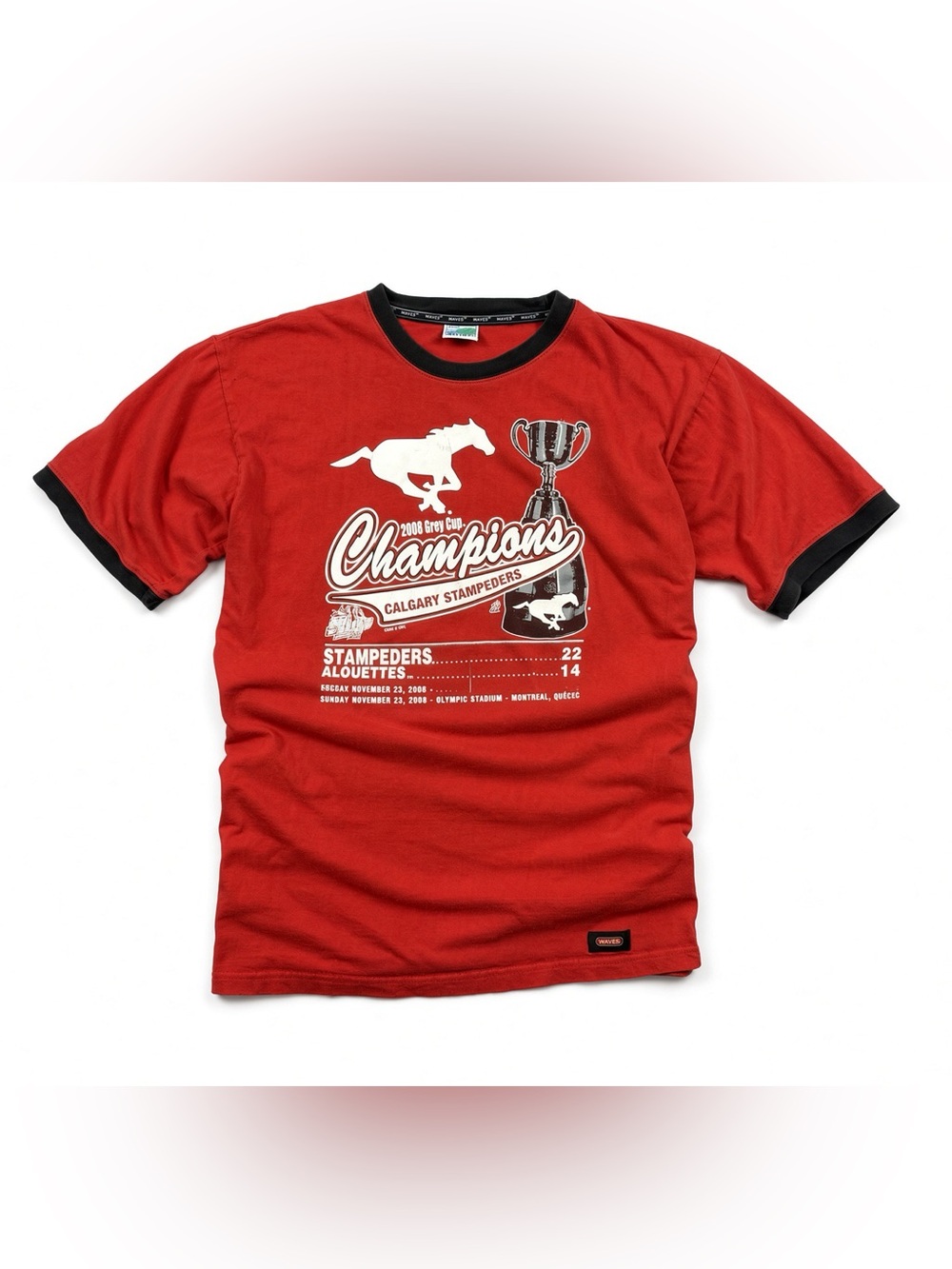 Vintage 2008 Grey Cup Champions Calgary Stampeders T-Shirt Waves Red Ringer CFL